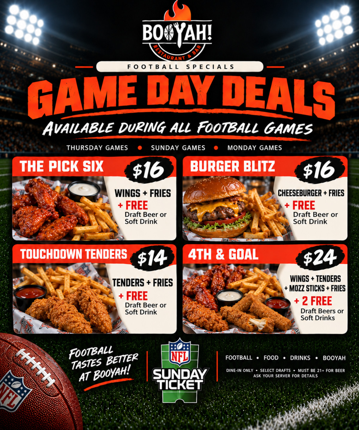 Game Day Deals! Available During All Football Games
