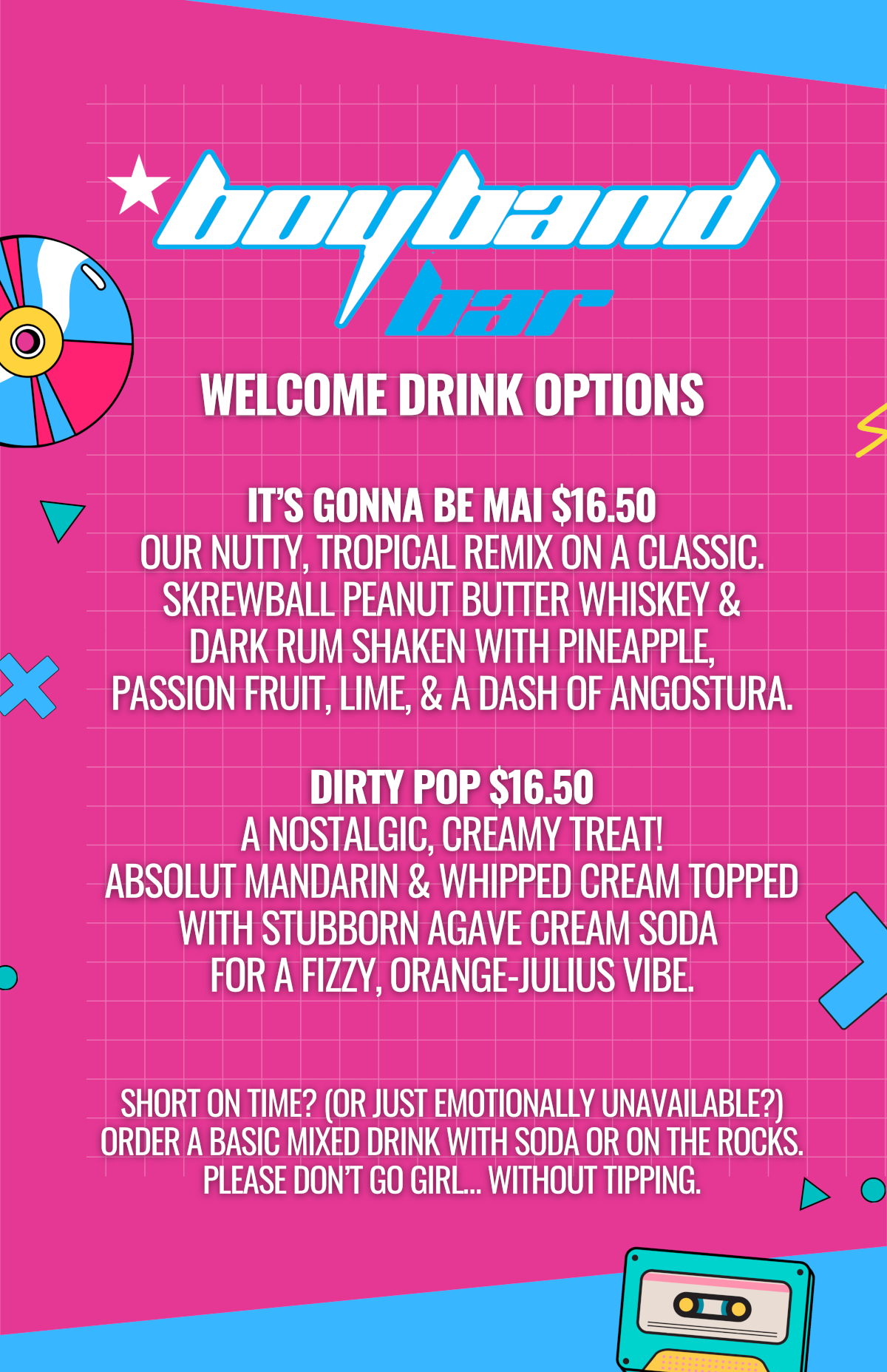 boyband bar welcome drinks options