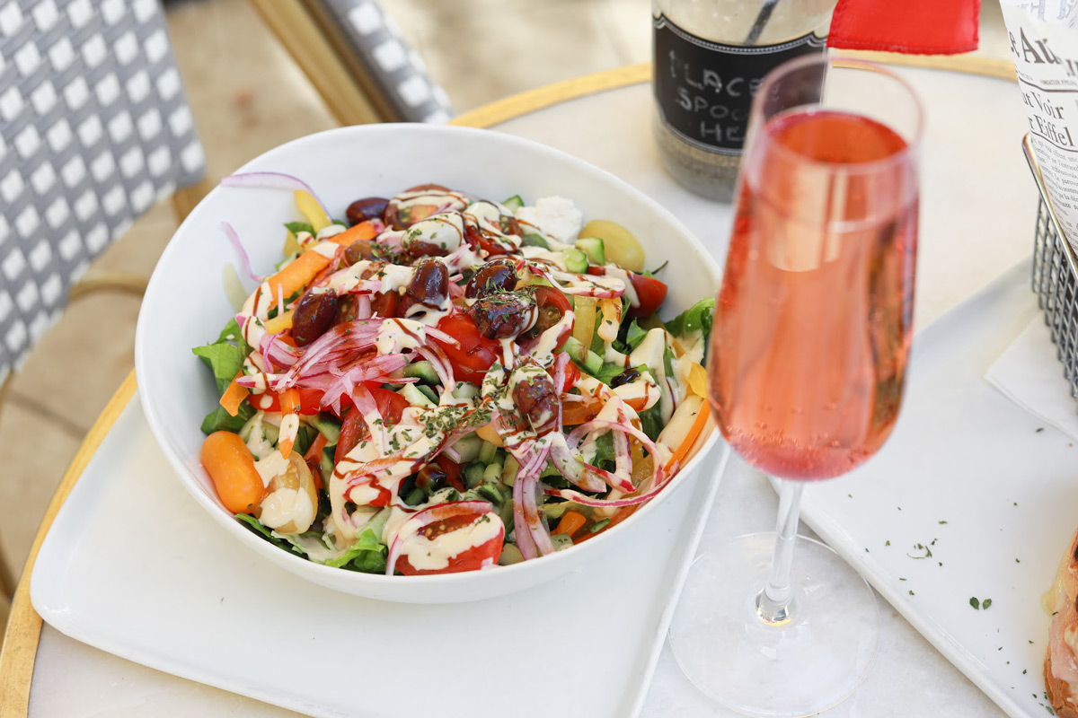 Mediterranean Salad and rose wine served in the patio