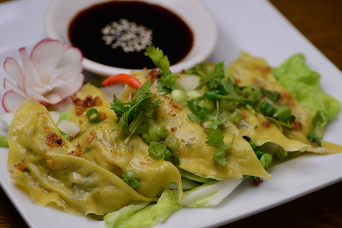 Vegetable dumplings with sauce dip