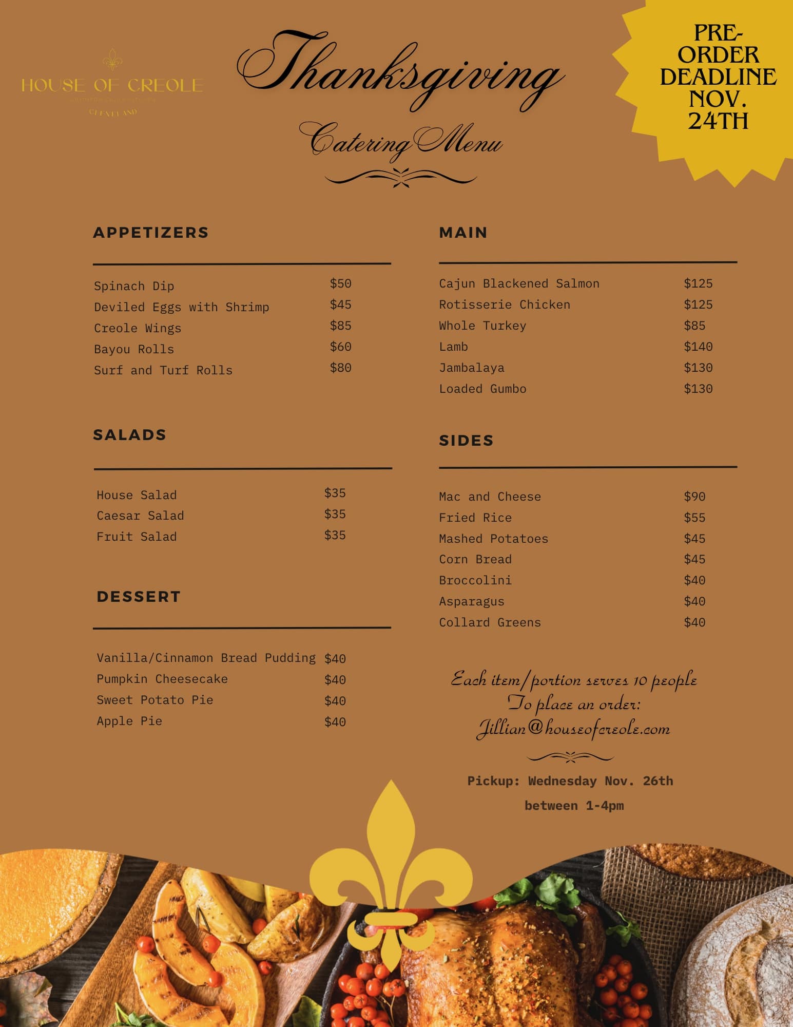 Thanksgiving catering menu, Pre-order Deadline Nov. 24th
