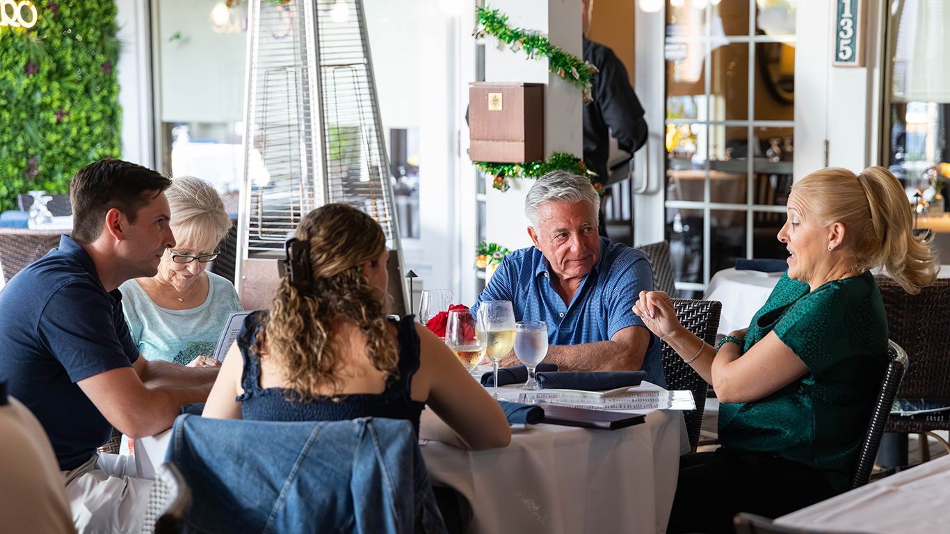Group of five diners reviewing menus on outdoor restaurant patio