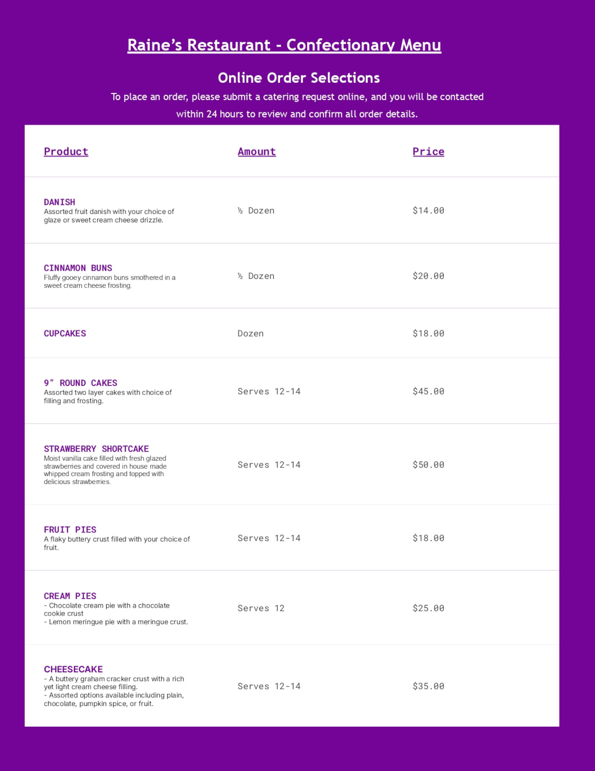 Raine’s Restaurant - Confectionary menu page one