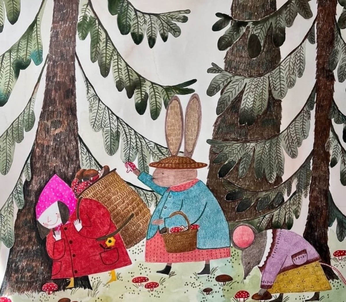 woman, rabbit and mouse are picking mushrooms in the forest