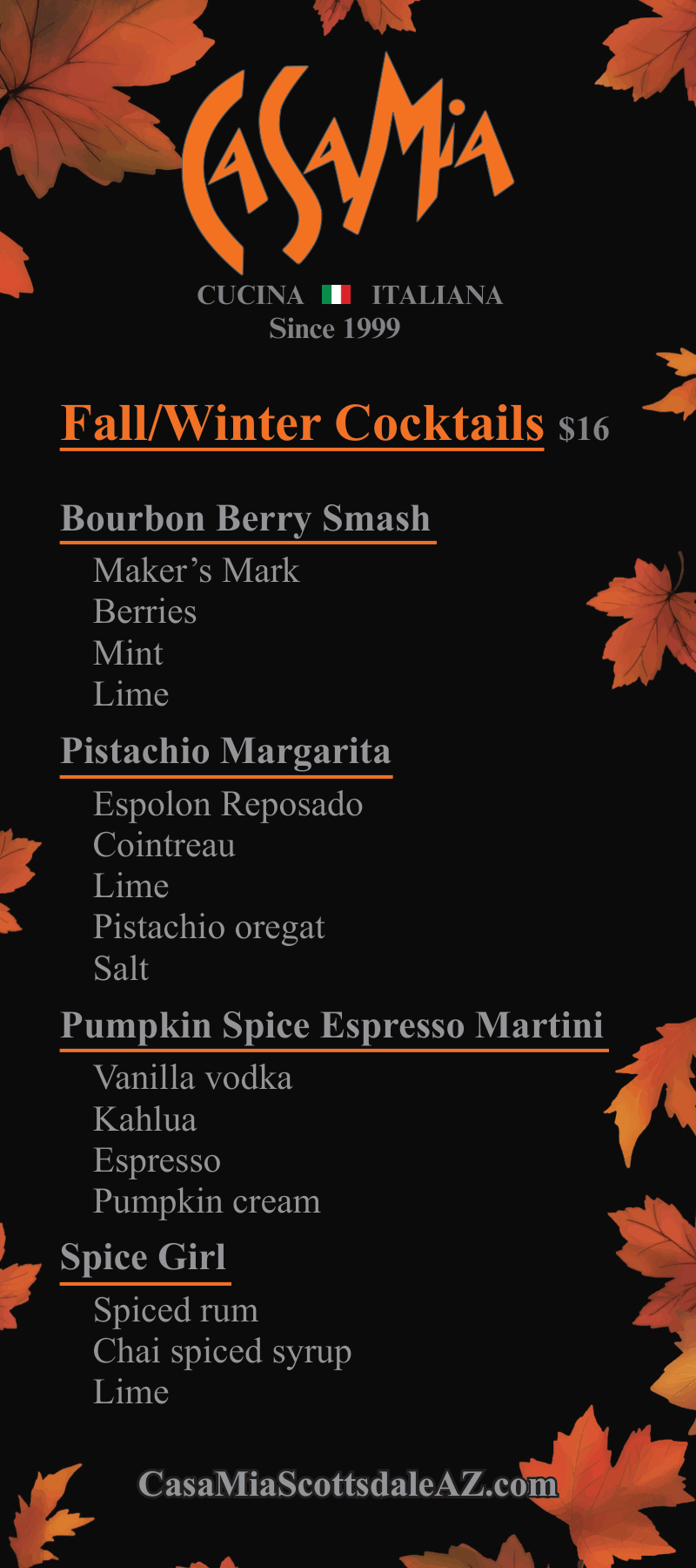 Fall Winter Cocktails $16