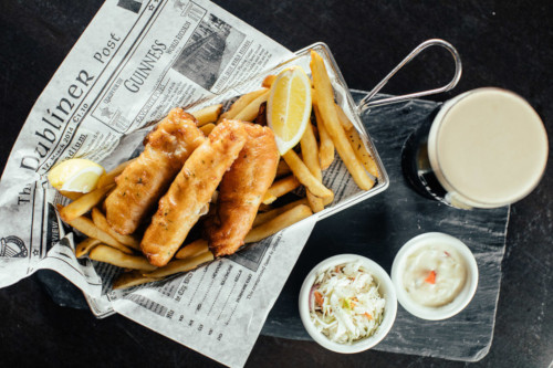 Fish and chips plate, served with slaw and Guinness 