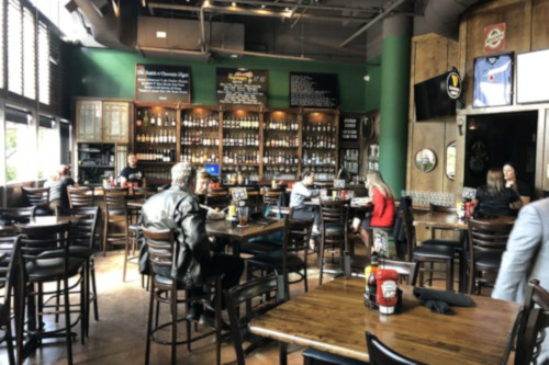 Interior, seating space in front of a bar