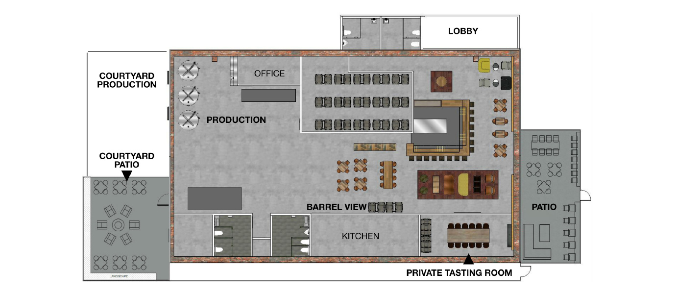 Floor plan with lobby, production area, kitchen, private tasting room, and patios