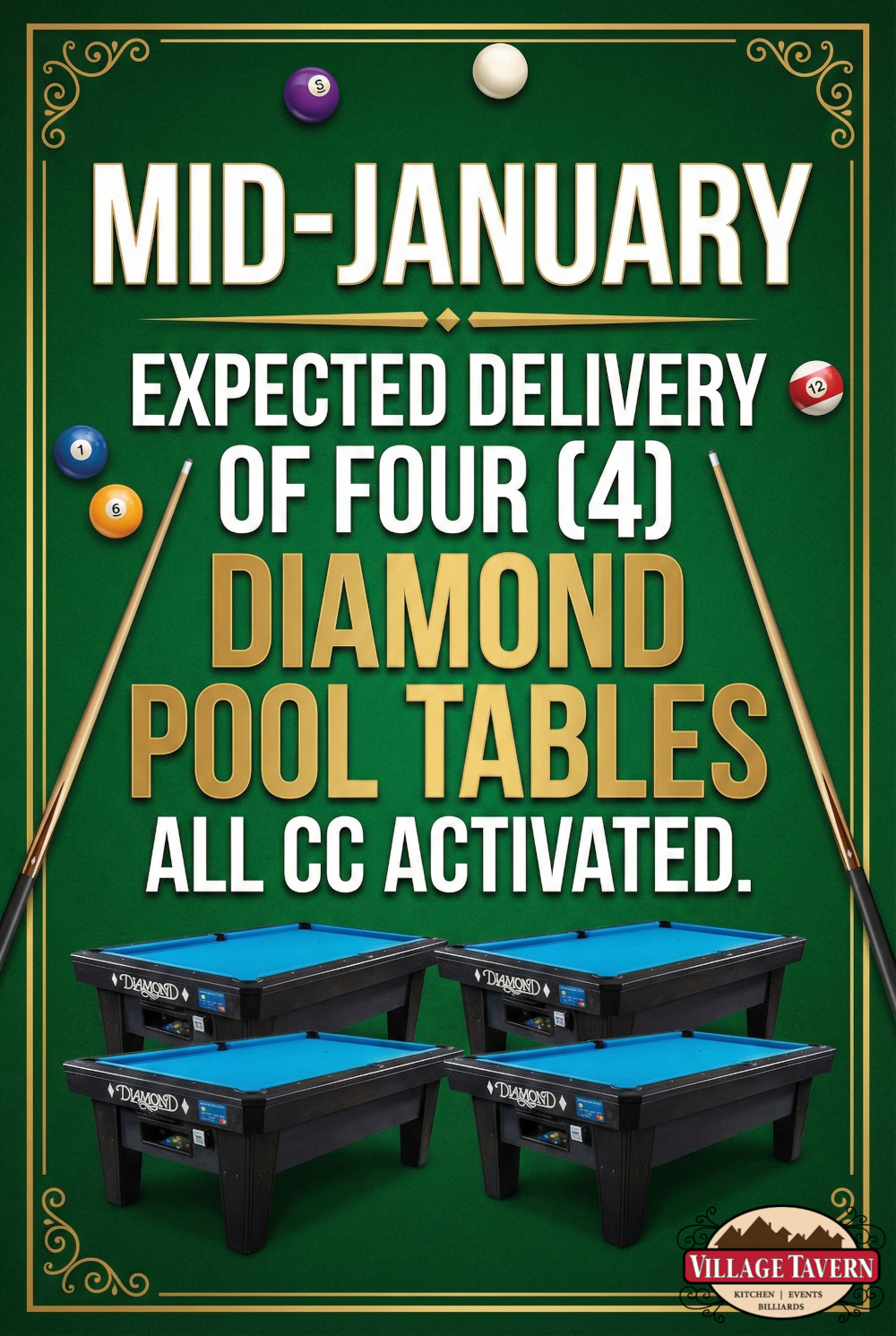 delivery of 4 diamond pool tables mid january