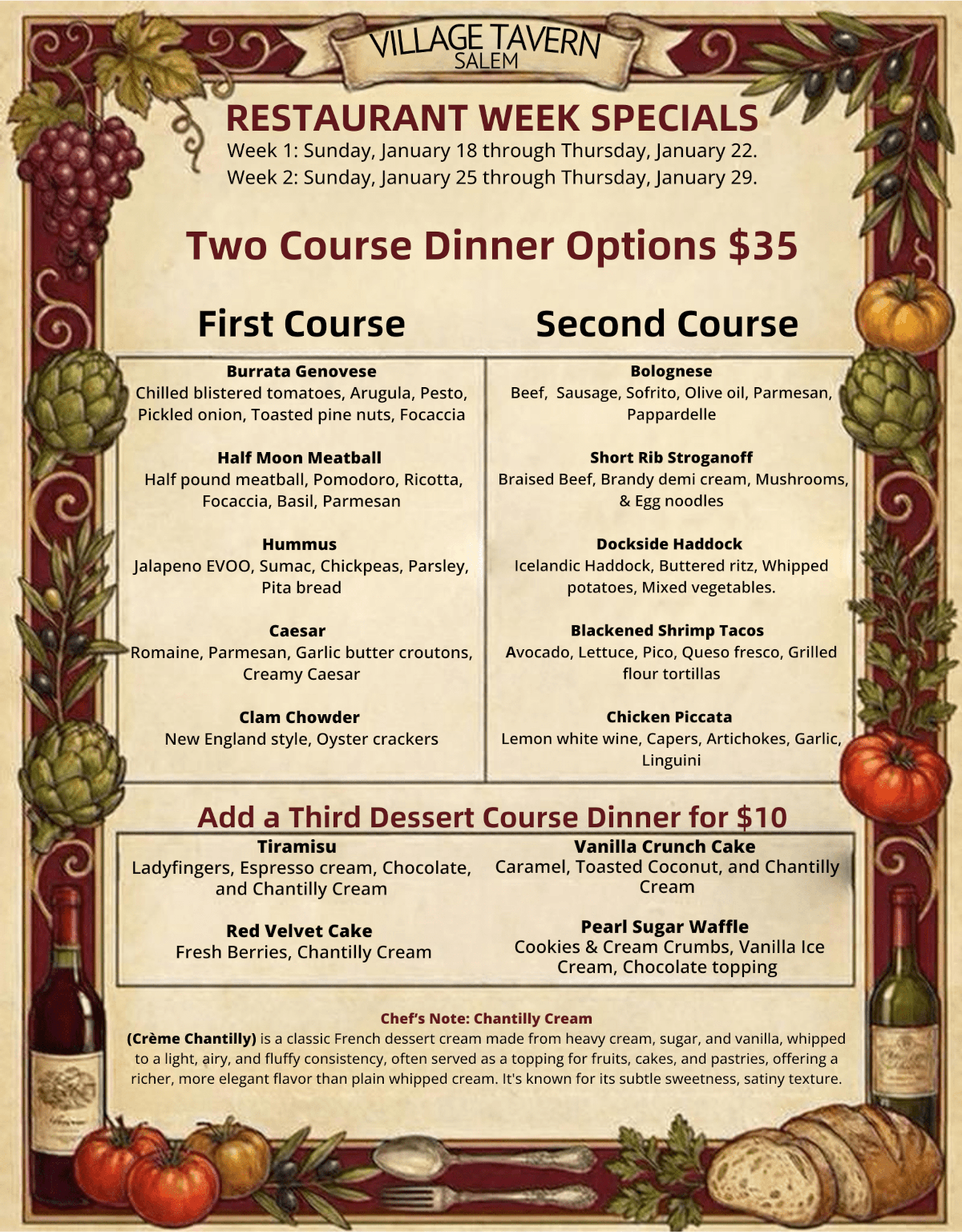 village tavern salem restorant week specials