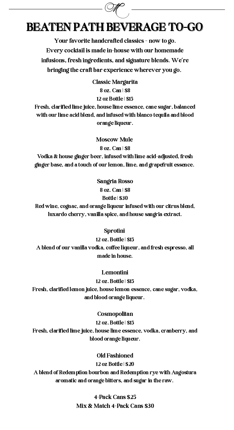 Beverage Program Beaten Path Menu