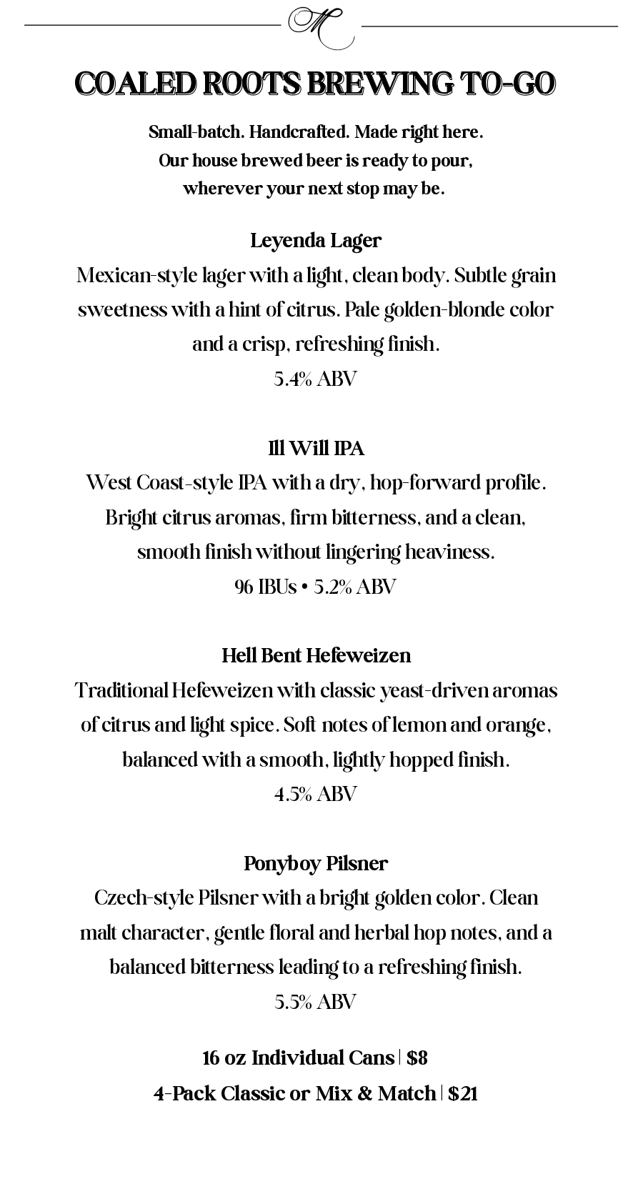 Beverage Program Coaled Roots Brewing Menu
