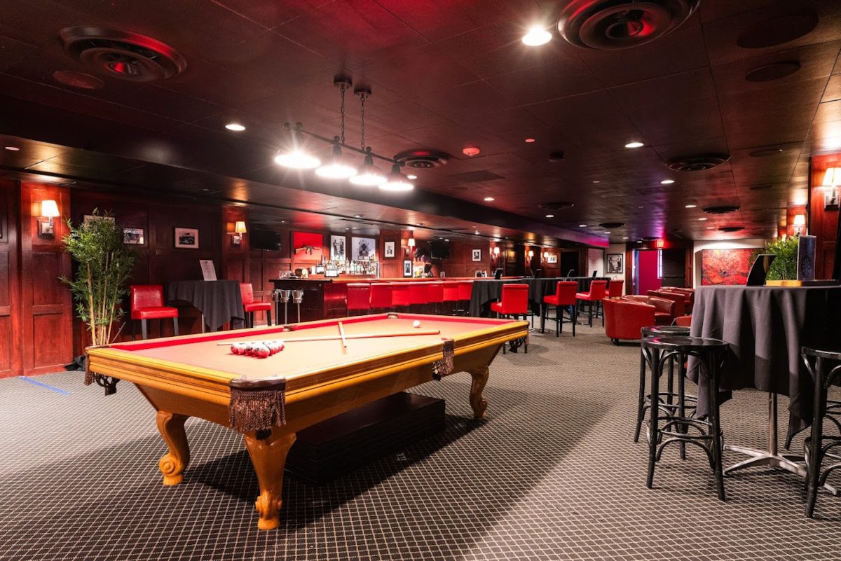 A bar with a pool table and bar stools.
