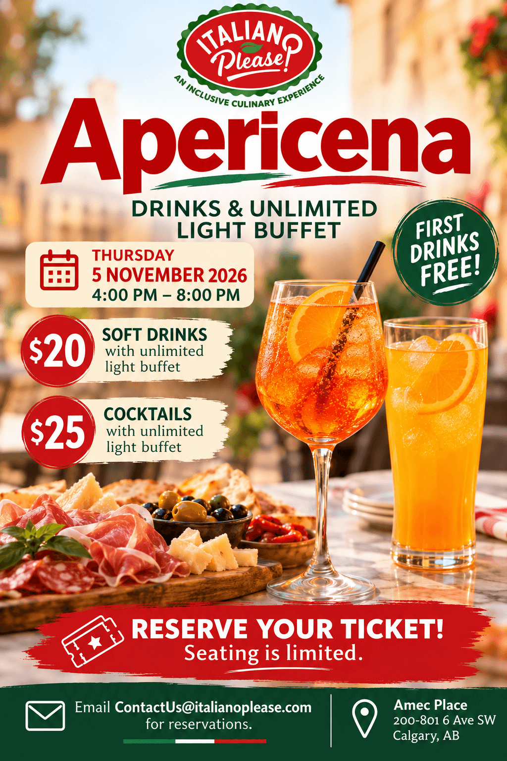 Apericena flier: Drinks and unlimited light buffet, Thursday 5 November 2026, 4:00 PM to 8:00 PM