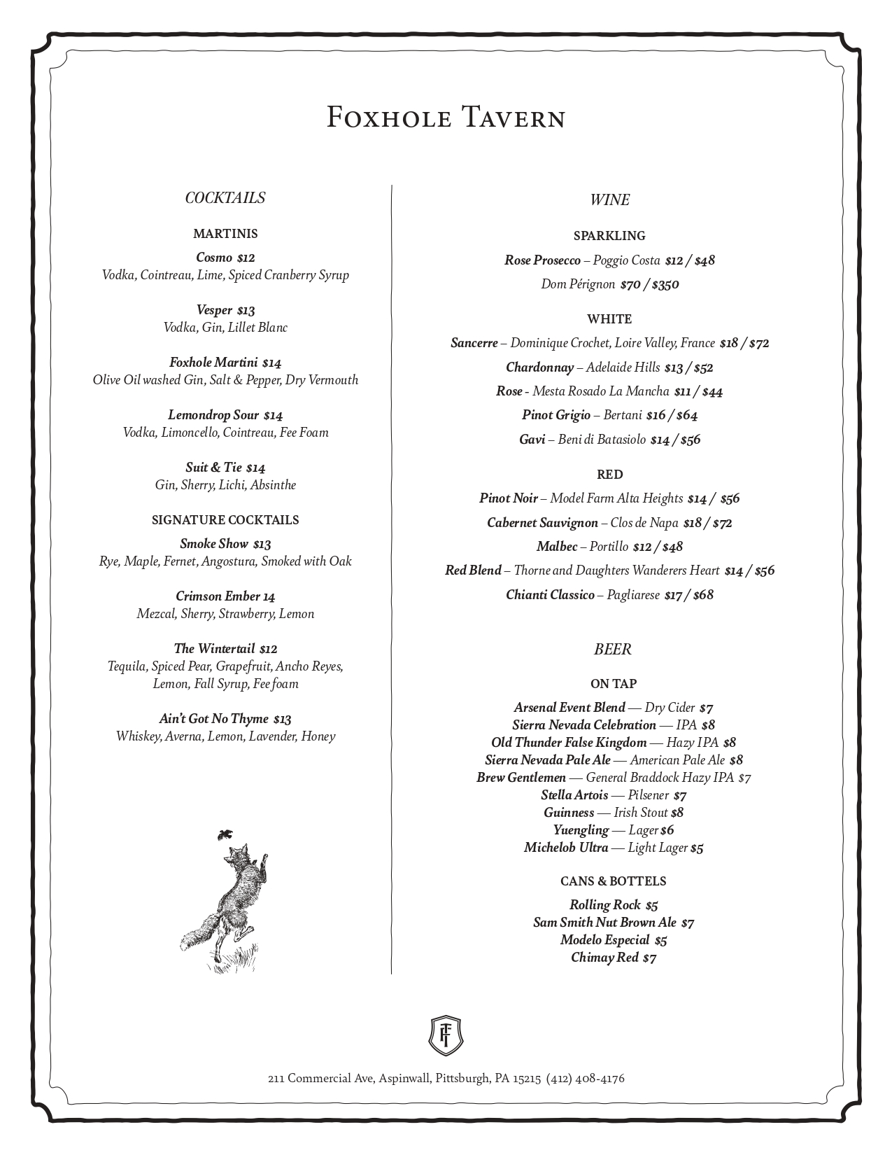 cocktails, wine, and beer menus