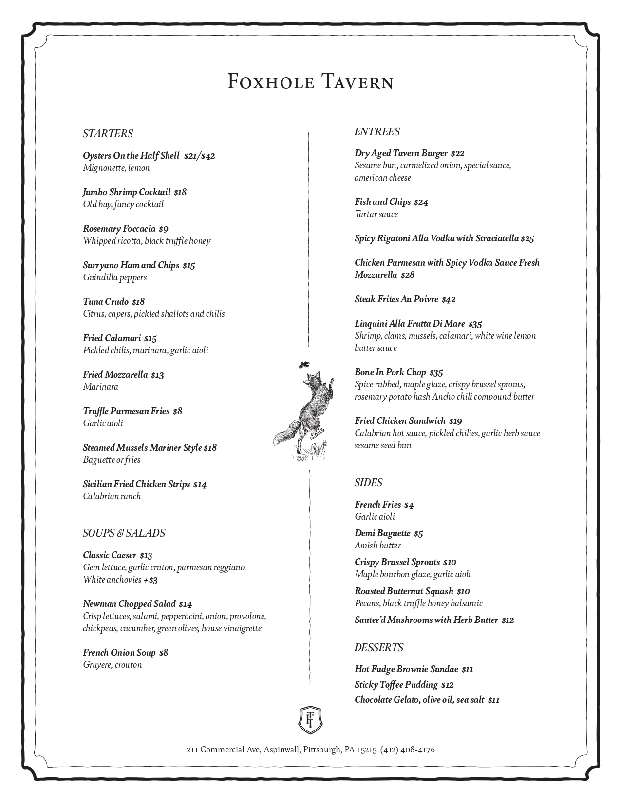 starters, soup and salads, entrees, sides, and desserts menus