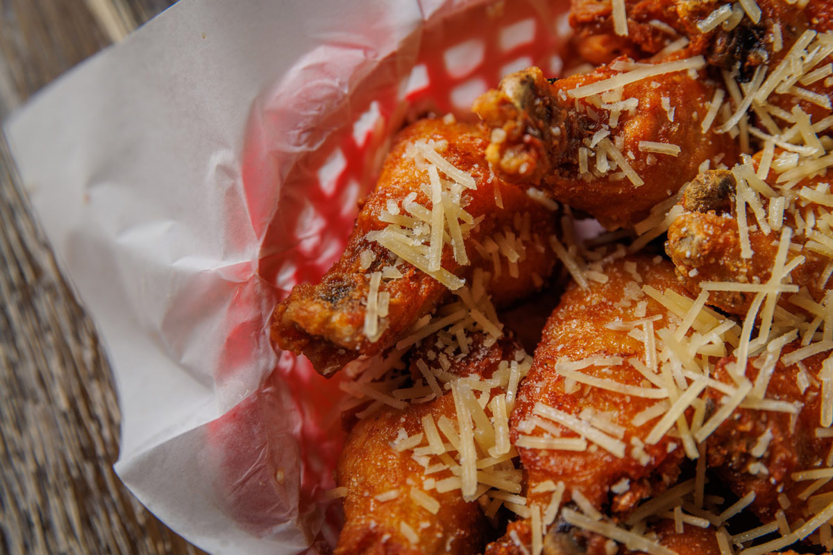 Buffalo fried chicken, sprinkled with cheese