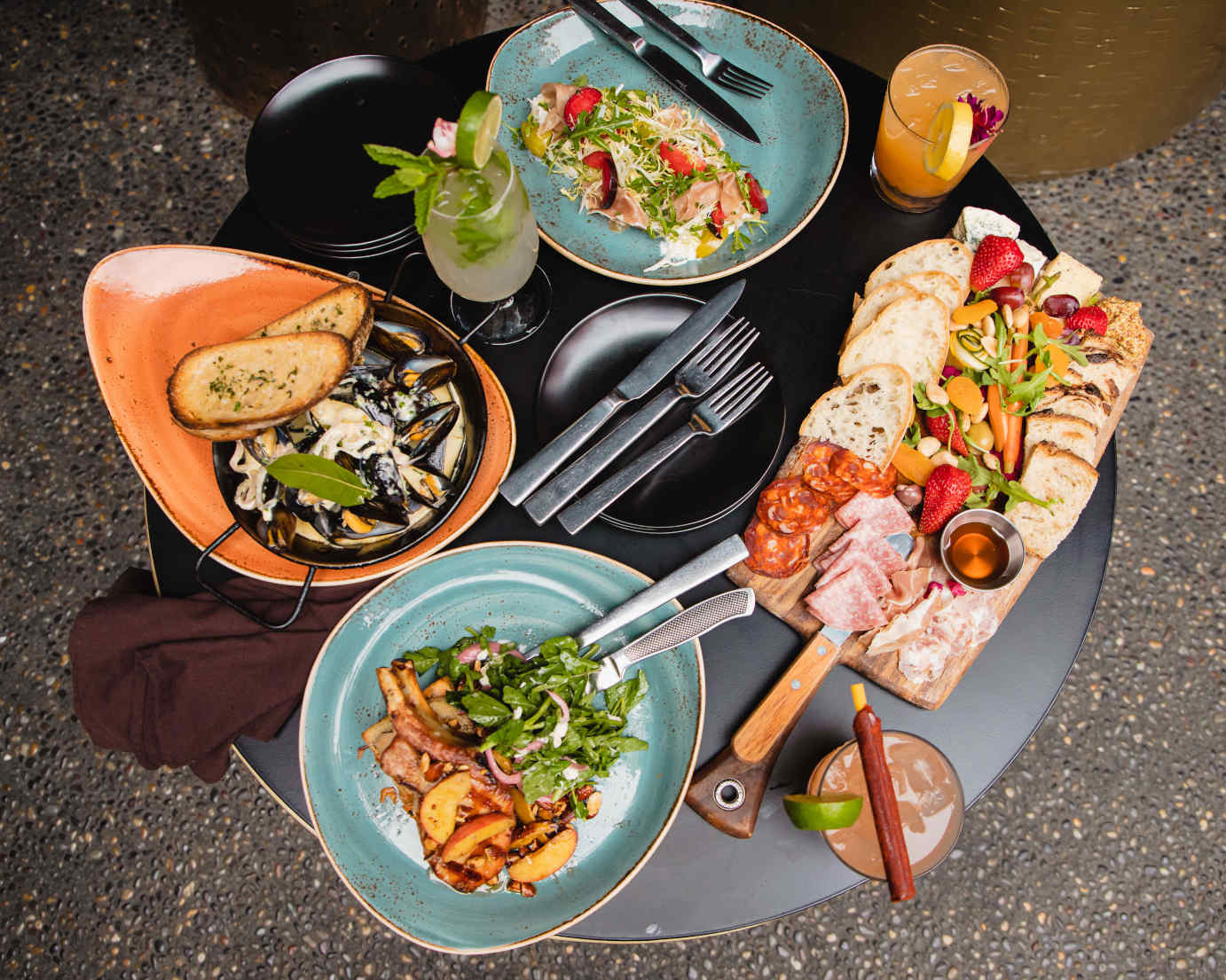 Various served meals, top view