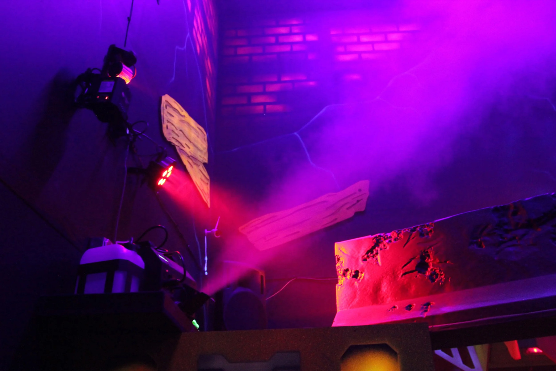 Neon lights and smoke at the laser tag space