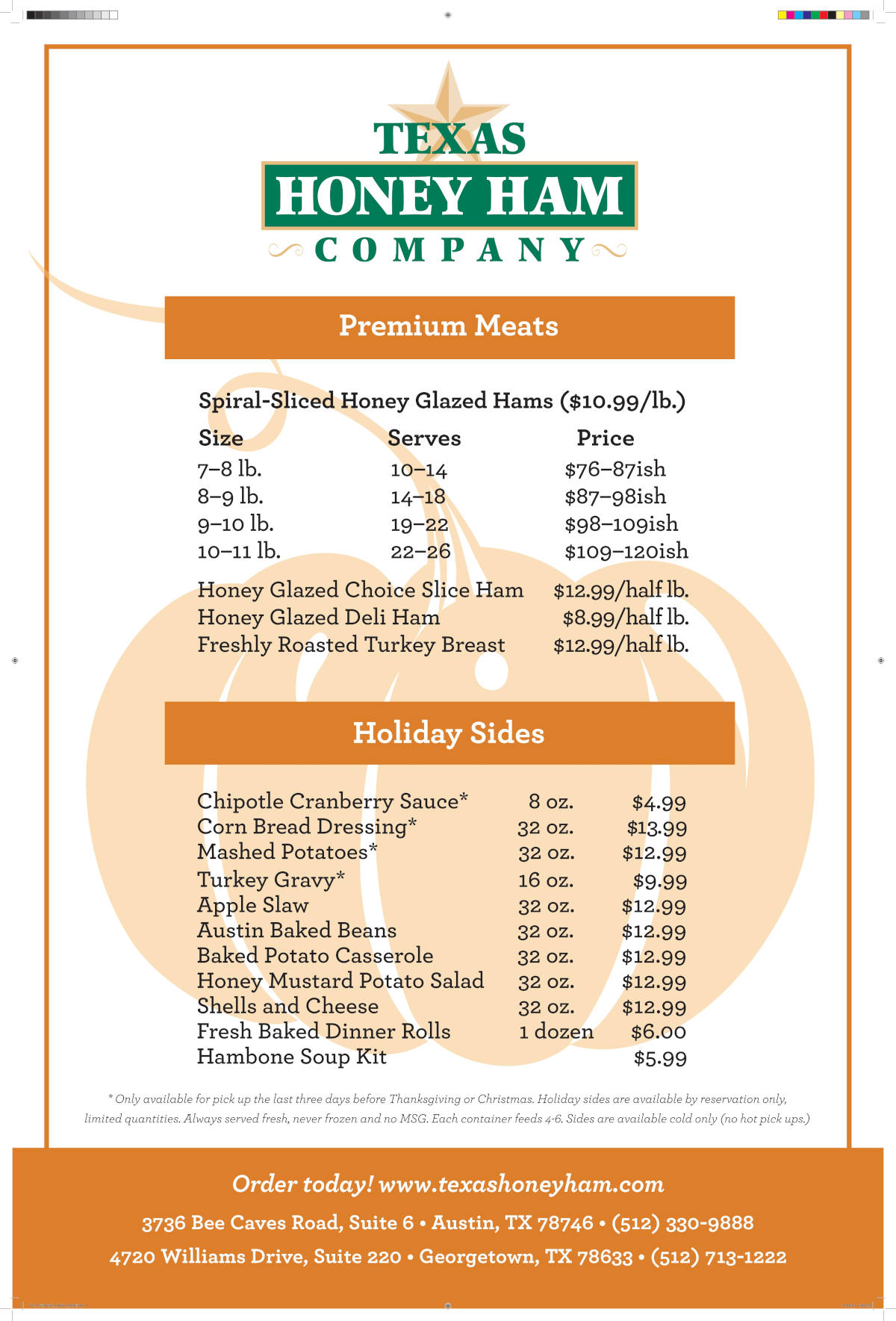 Fall Seasonal Menu with Premium Meats and Holiday Sides
