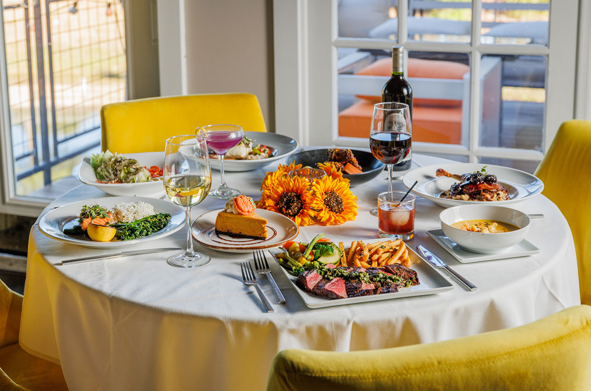  Several types of food and drinks served on the table
