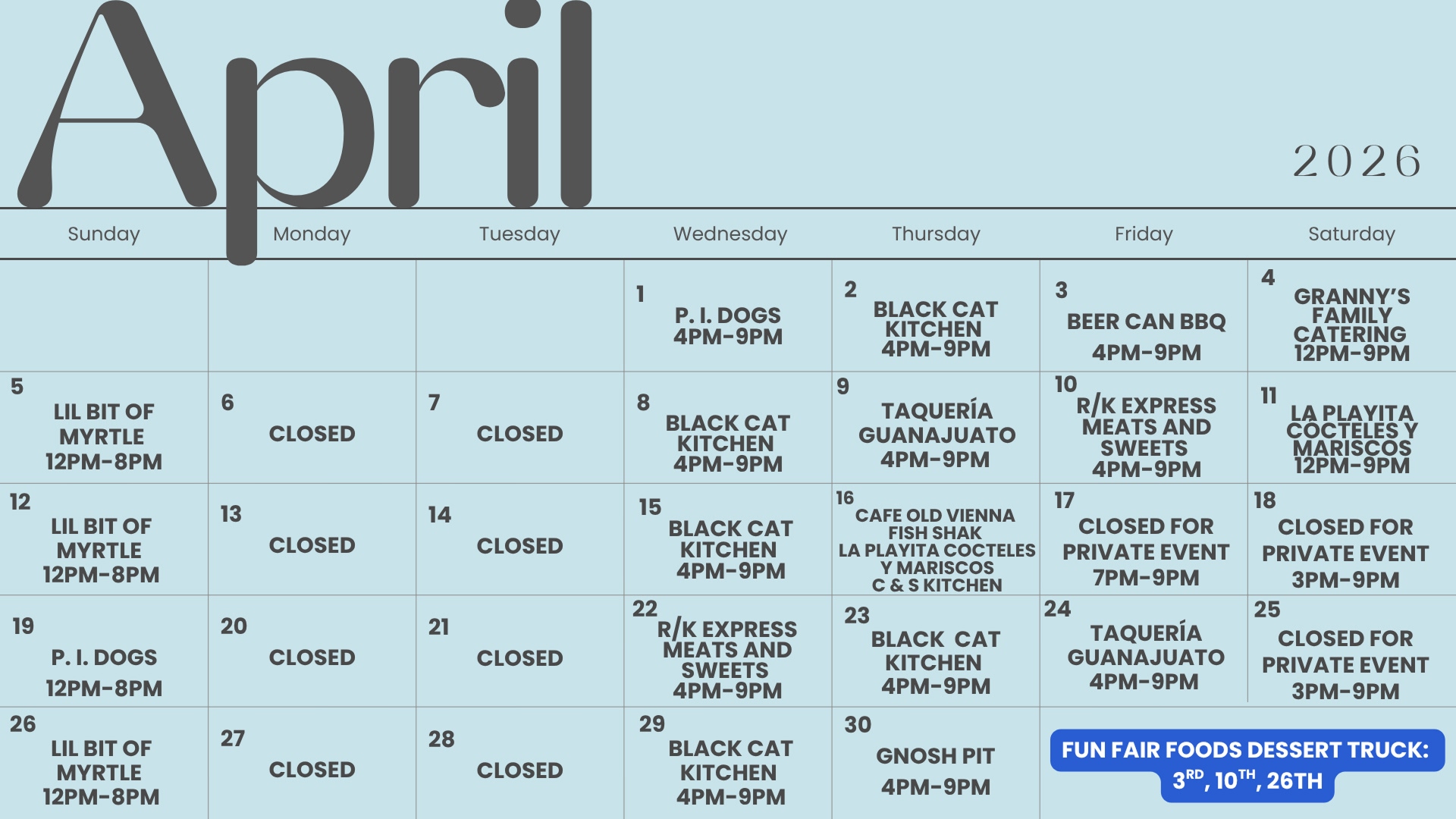 Food Truck 2026 April Calendar