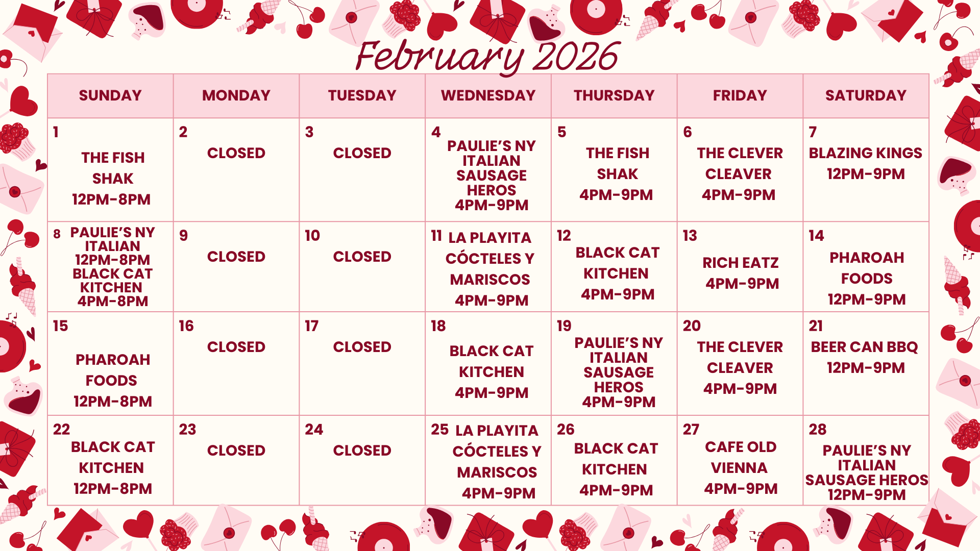 Food Truck 2026 February Calendar
