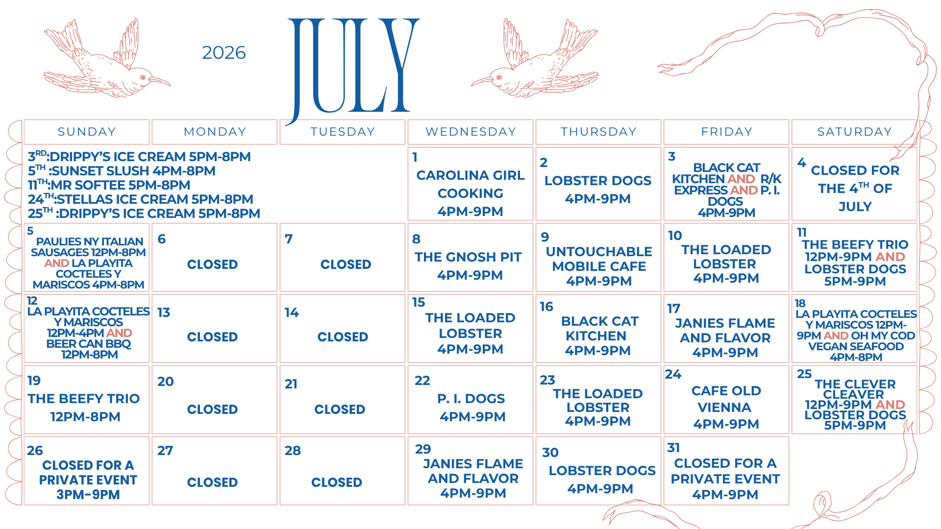 Food Truck 2026 July Calendar