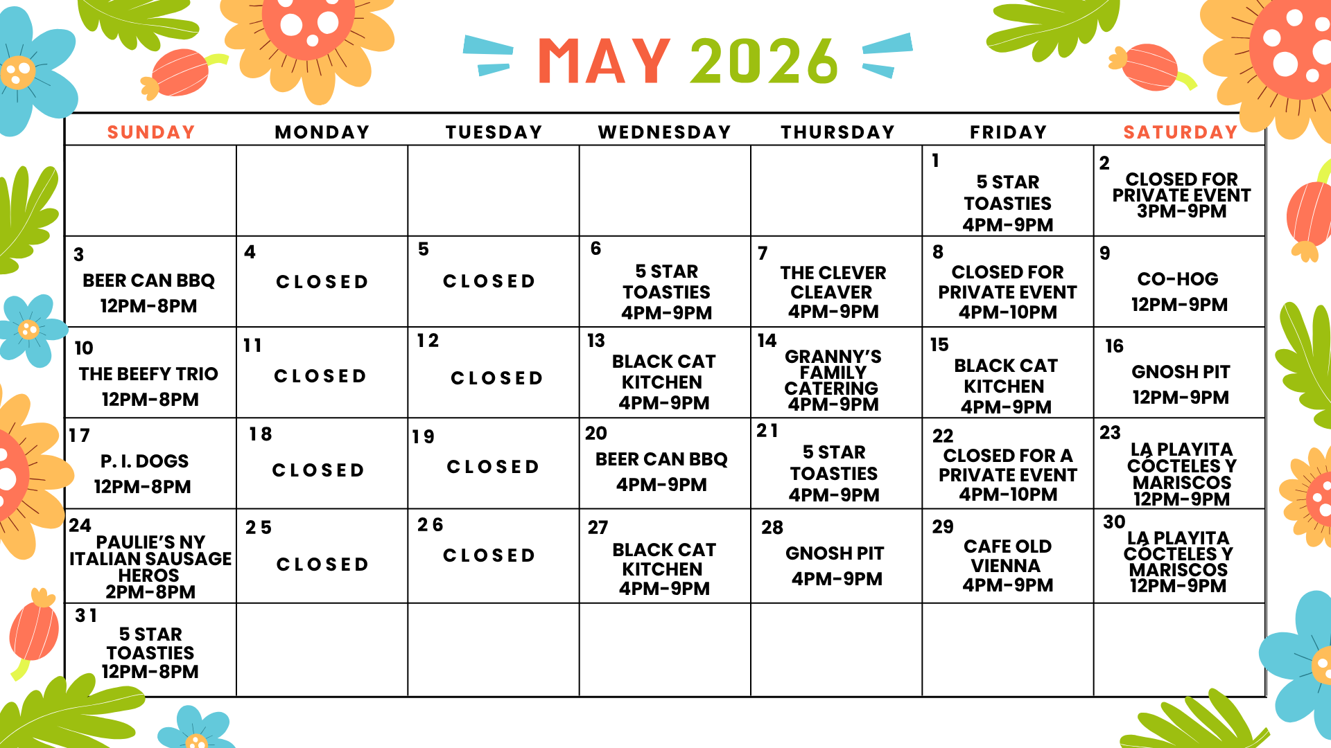 Food Truck 2026 May Calendar