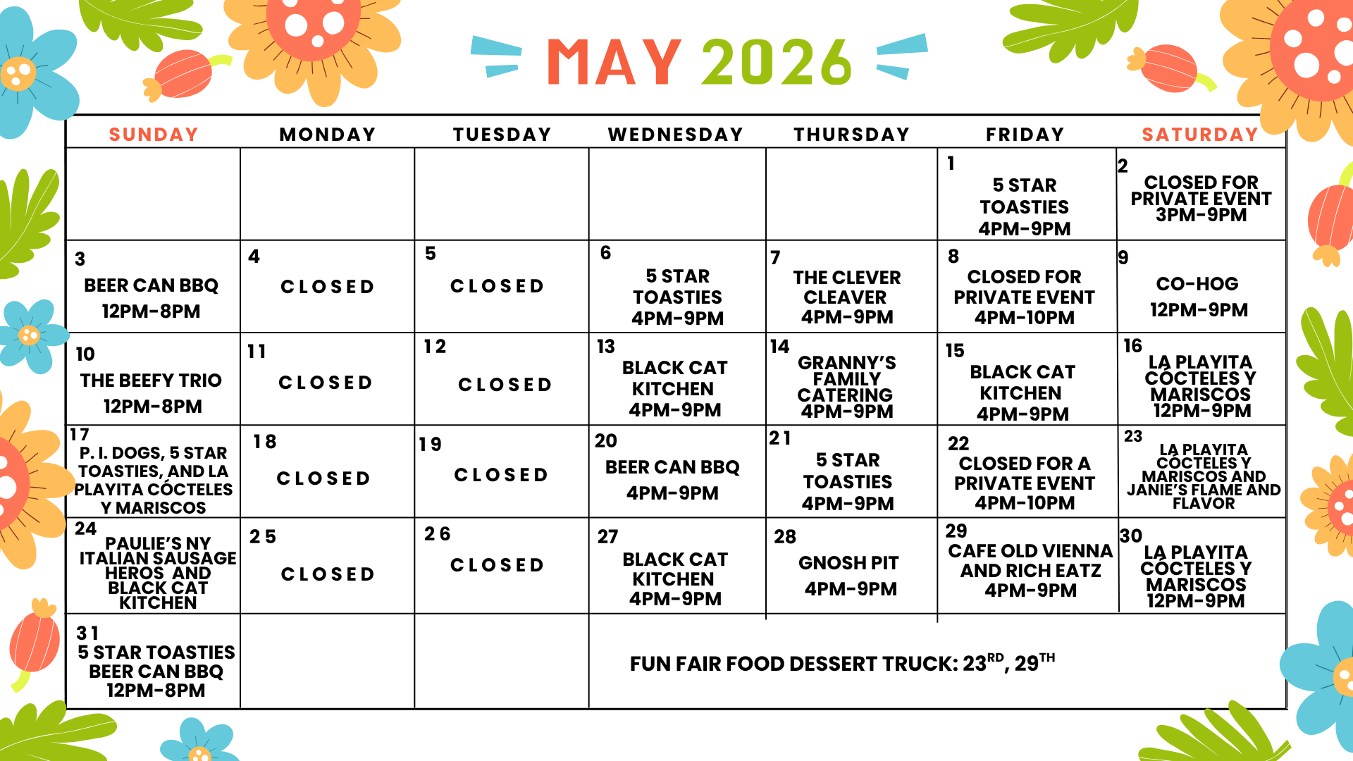 Food Truck 2026 May Calendar