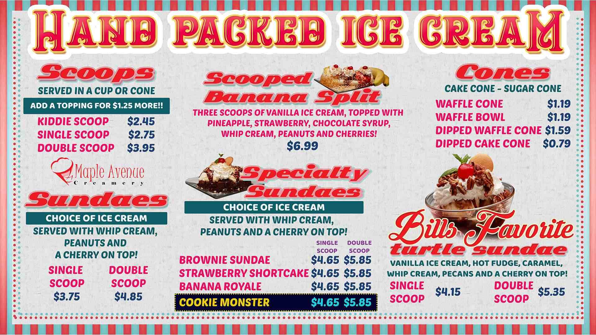 Hand-packed ice cream menu flyer