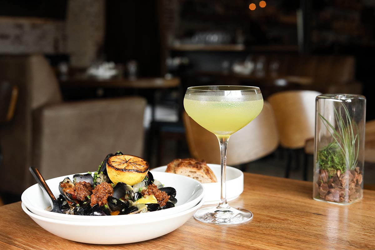 Mussels, served with a Hanging Garden cocktail