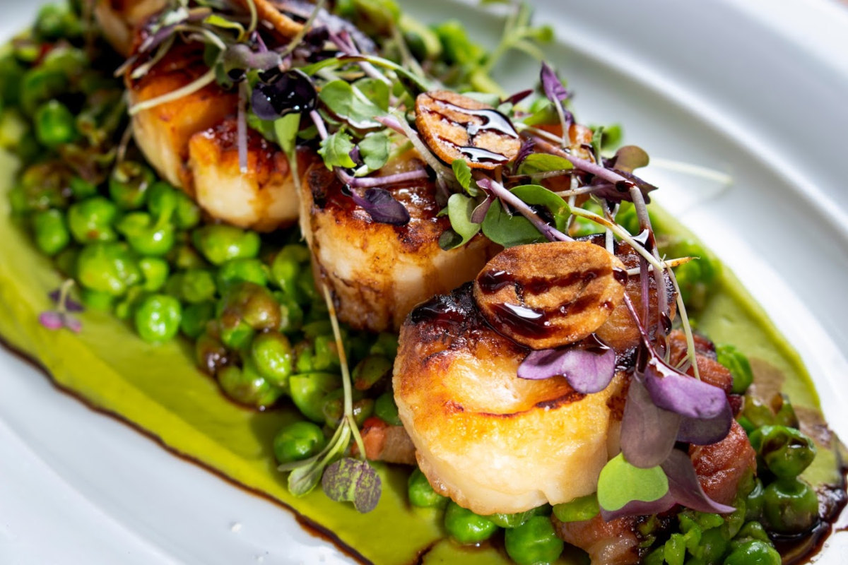 Fava bean puree, sauteed peas, crisp pancetta, garlic chips, balsamic glaze