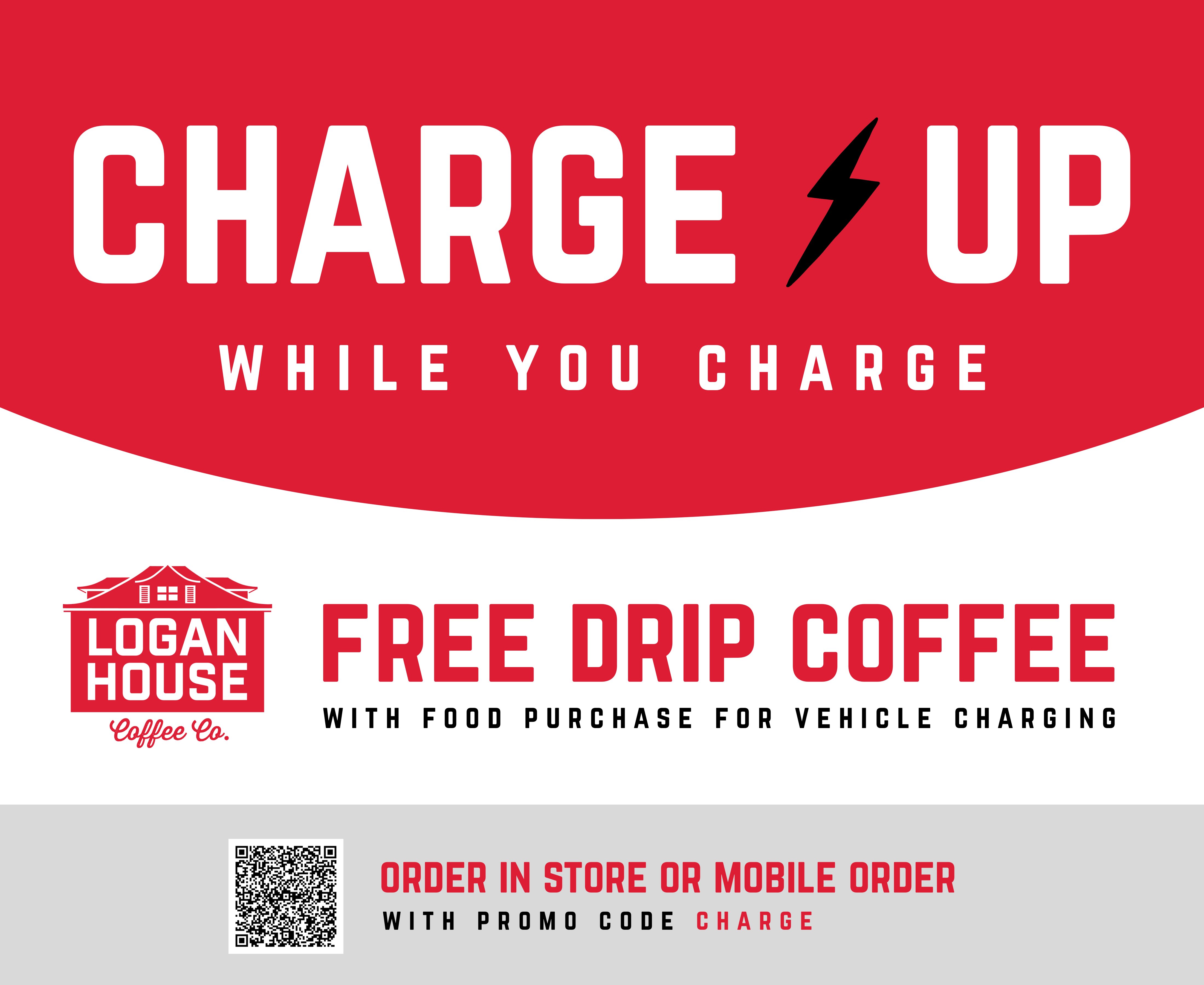 Logan House Coffee, free drip coffee with food purchase for vehicle charging