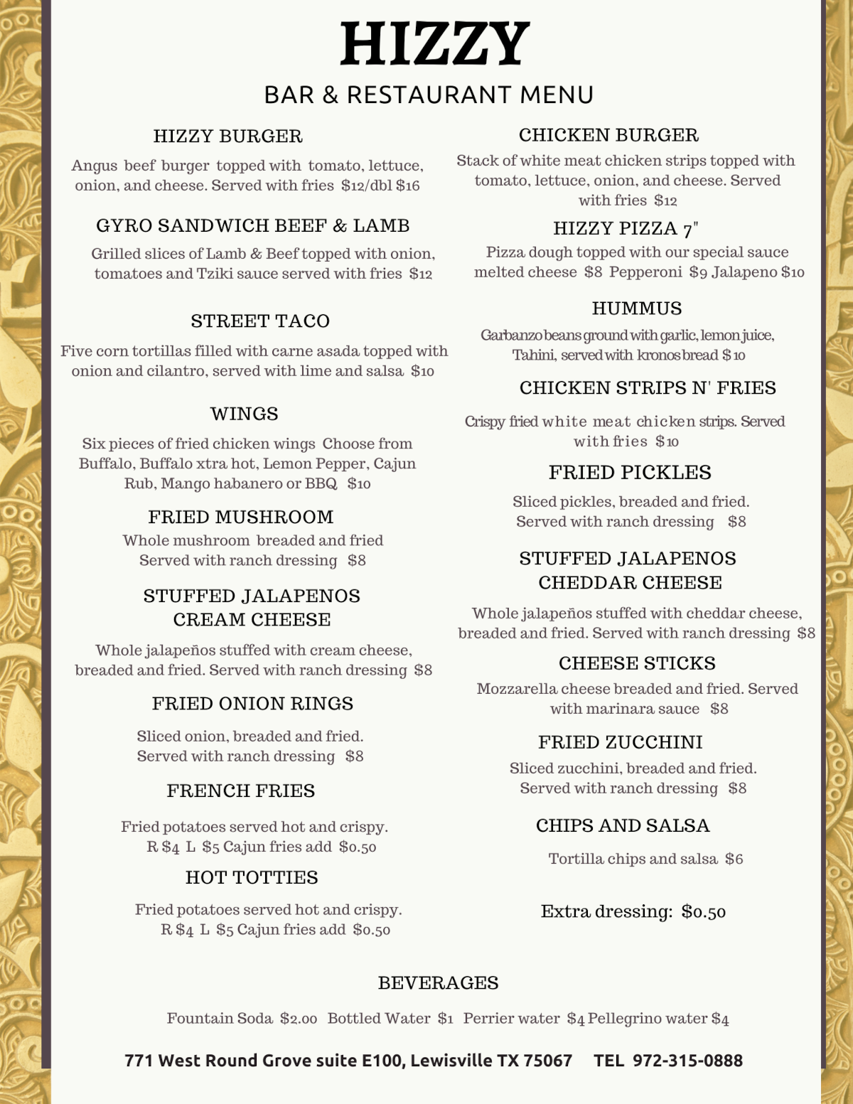 Hizzy Bar and Restaurant Menu