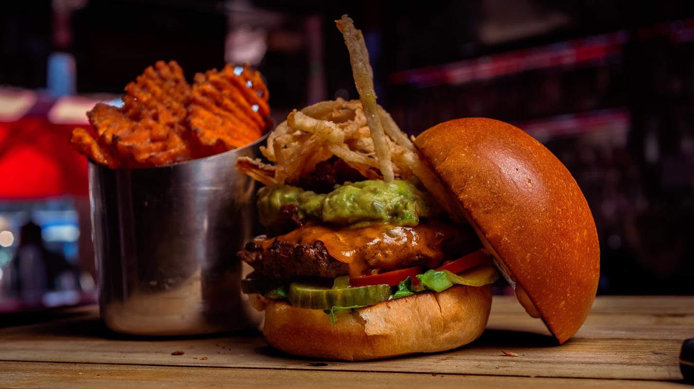 Crafty burger with sweet potato fries