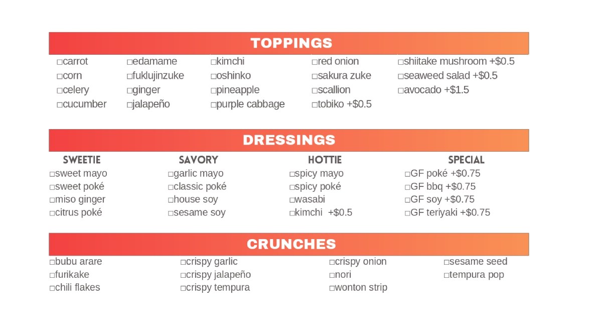 Toppings, Dressings and Crinches menu banner