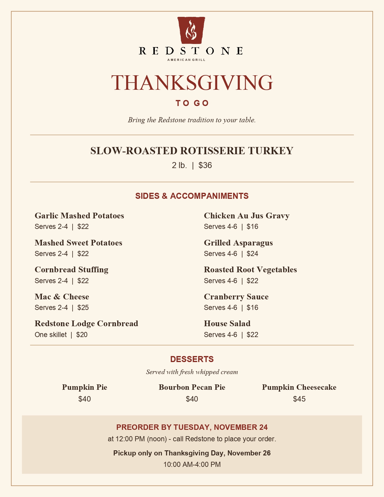 redstone american grill thanksgiving to go
