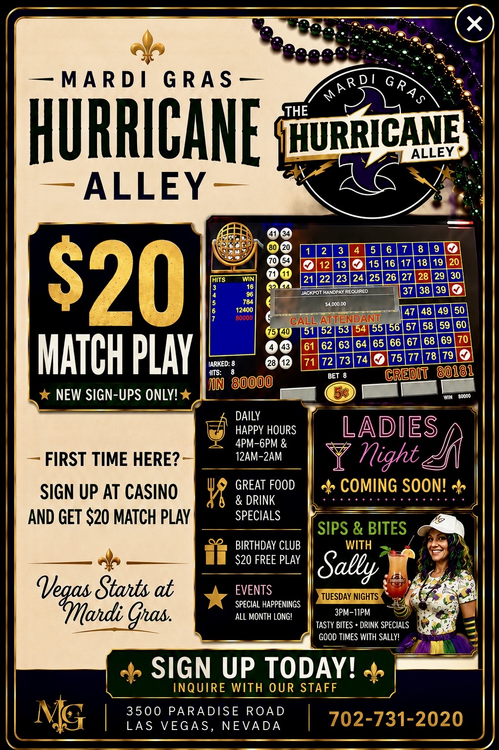Mardi Gras $20 Match Play promo at Hurricane Alley