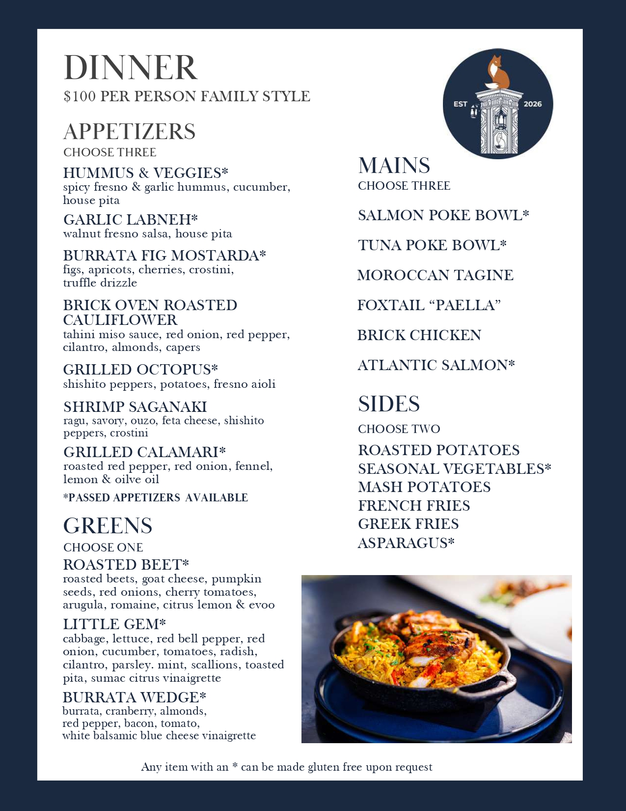 Dinner Menu $100 Per Pesron Family Style