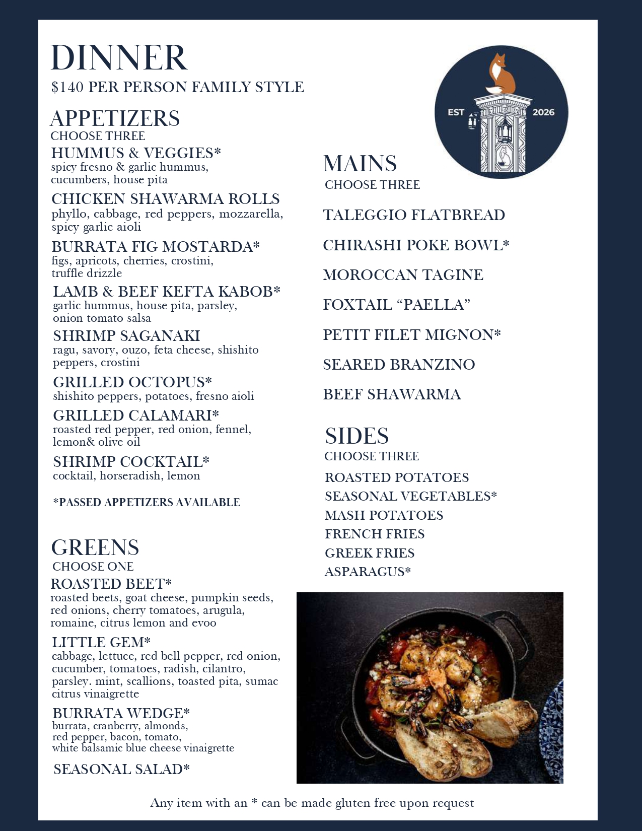 Dinner Menu $140 Per Pesron Family Style