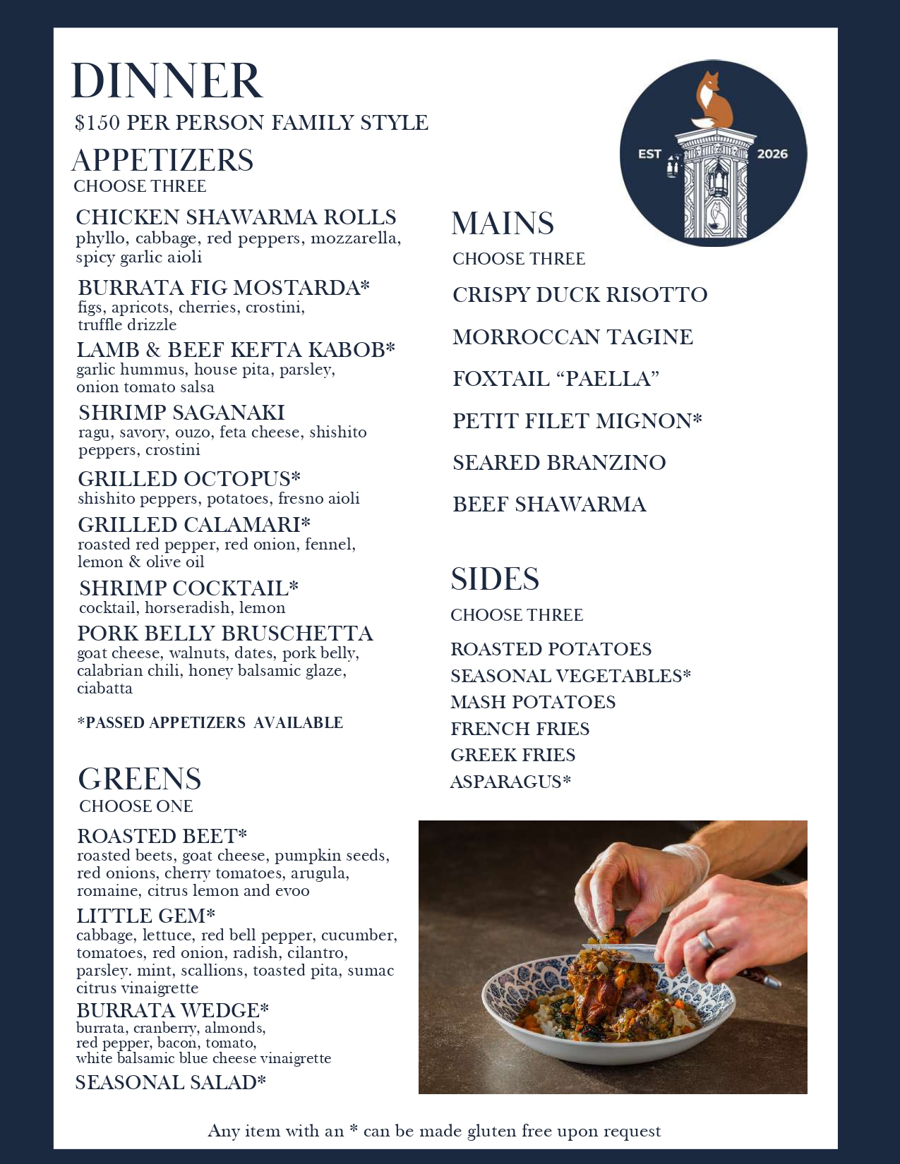 Dinner Menu $150 Per Pesron Family Style
