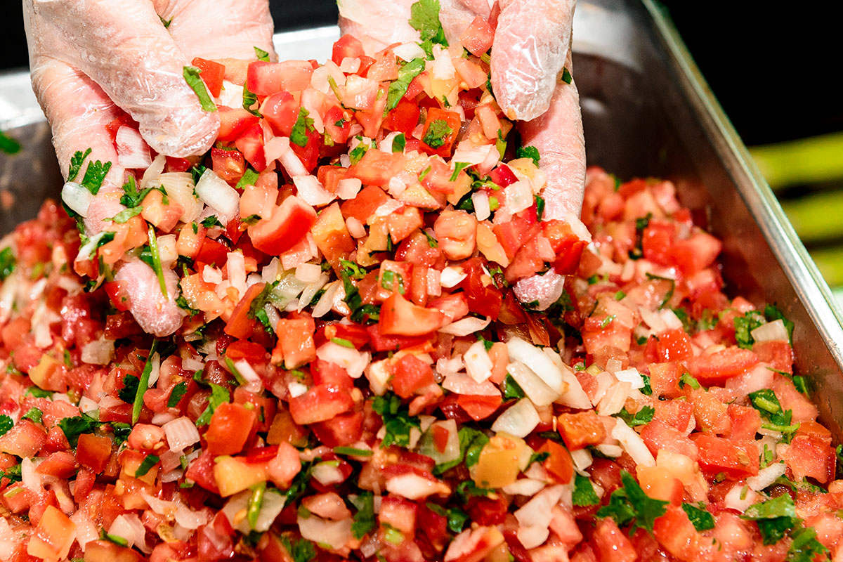 Pico de gallo, with chopped tomato, onion, peppers, salt, lime juice and cilantro