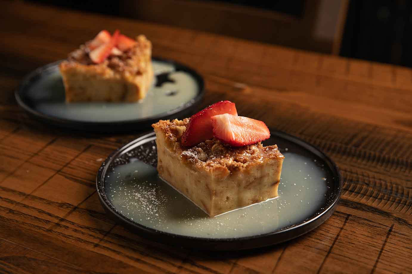 White chocolate bread pudding with rum sauce