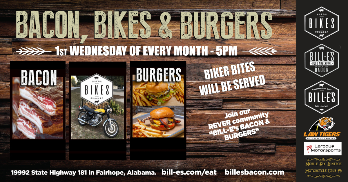BILL-E's Bacon, Bikes & Burgers event flyer