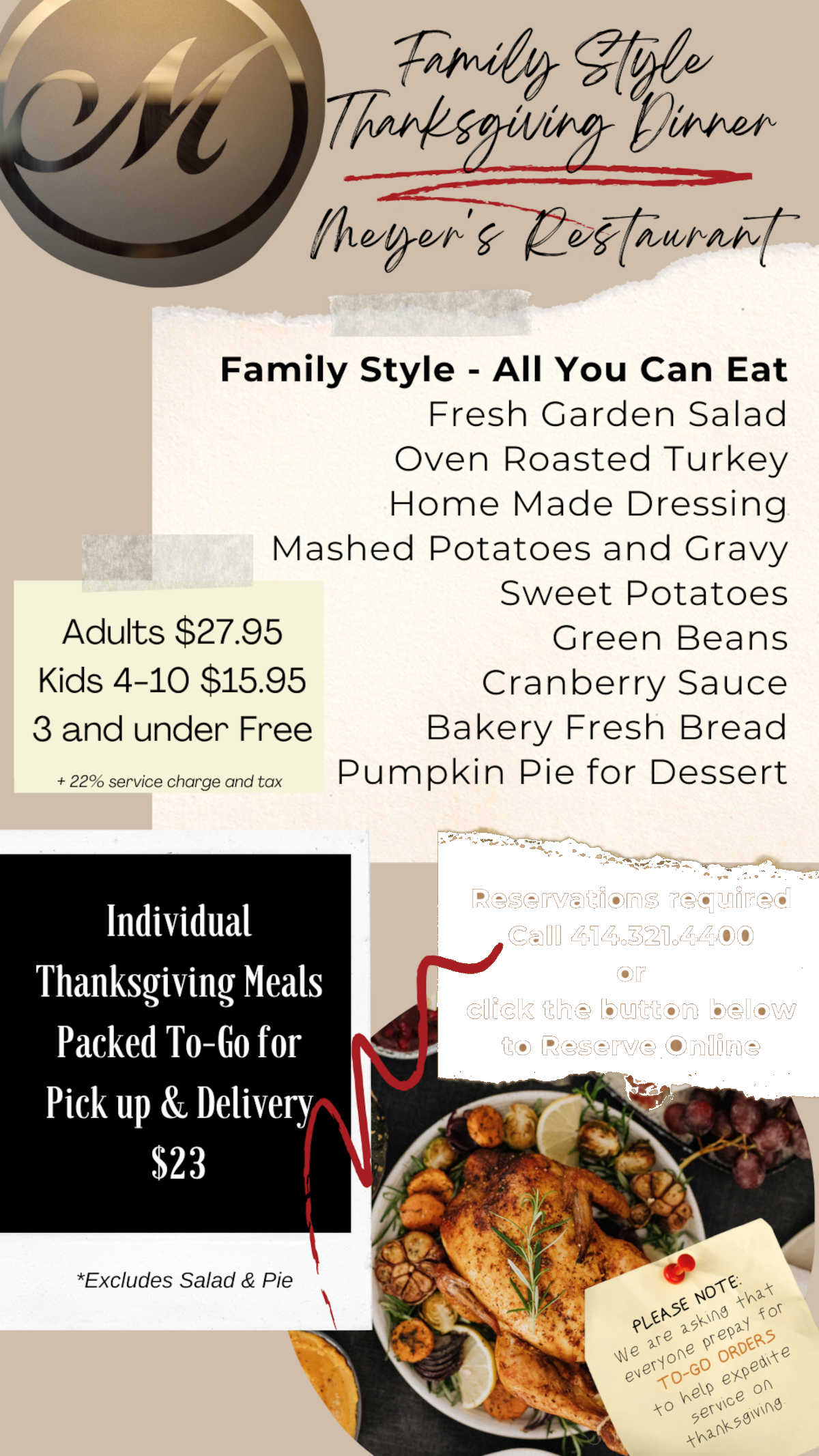 Family style Thanksgiving Dinner menu