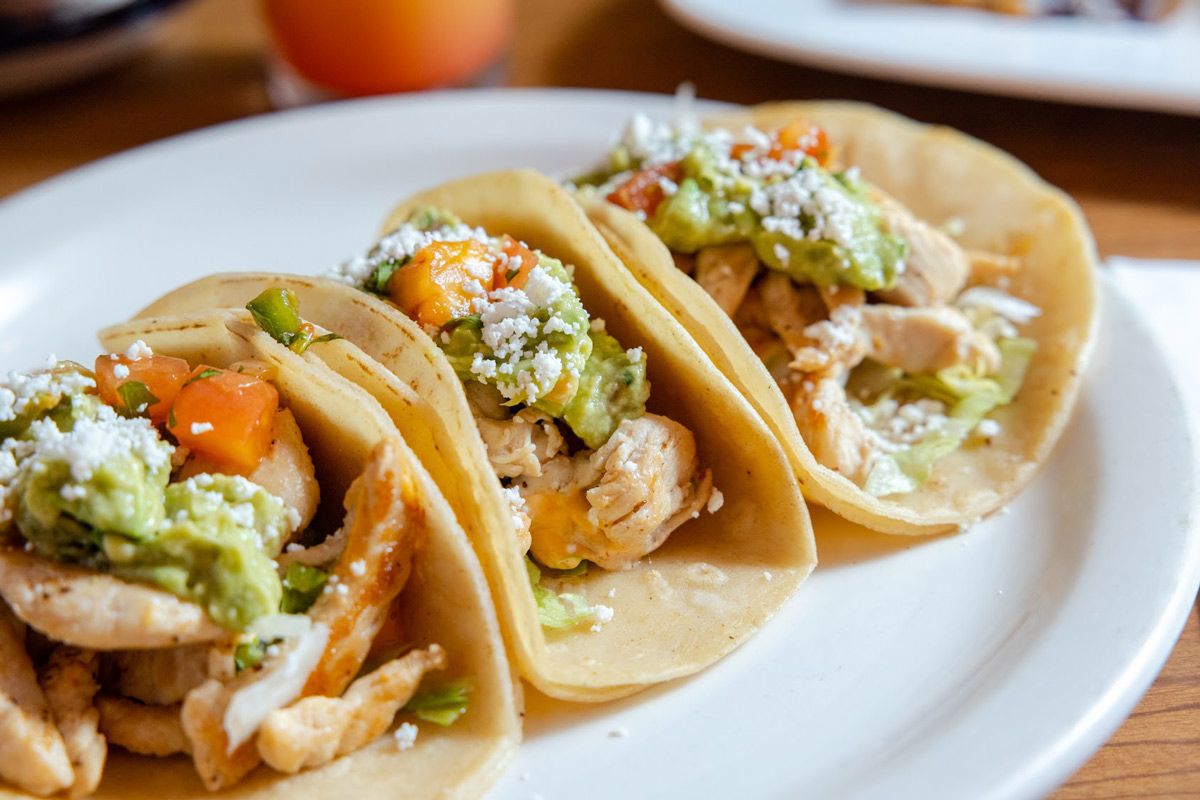 Chicken tacos, with guacamole, tomato and cheese