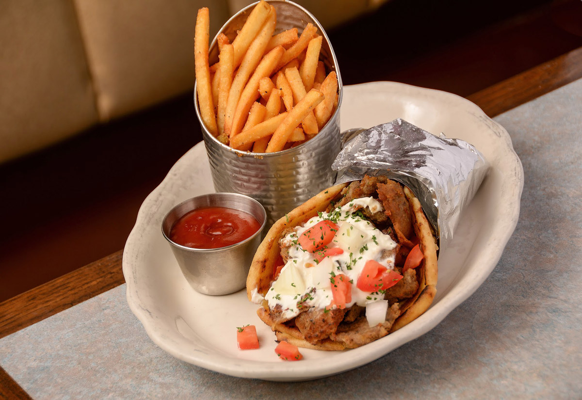 gyro pita served with ketchup and fries
