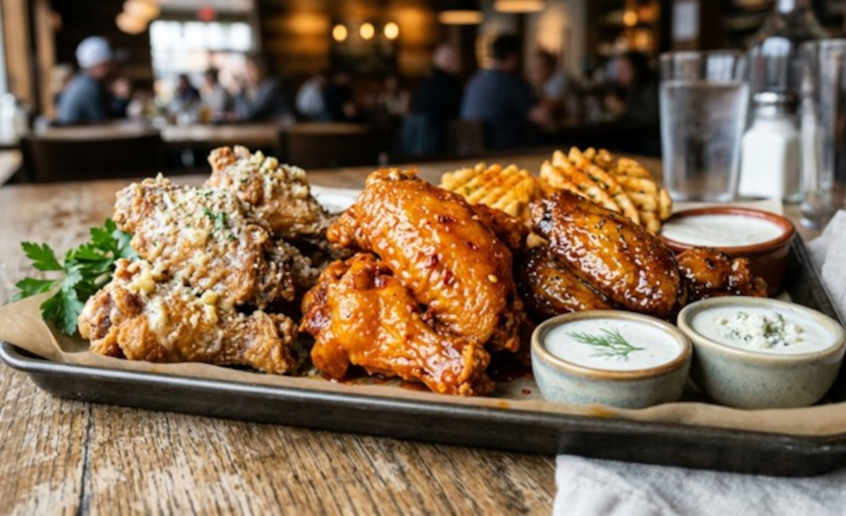 Close-up of saucy chicken wings with fries and dips as a top non-BBQ meal in Austin