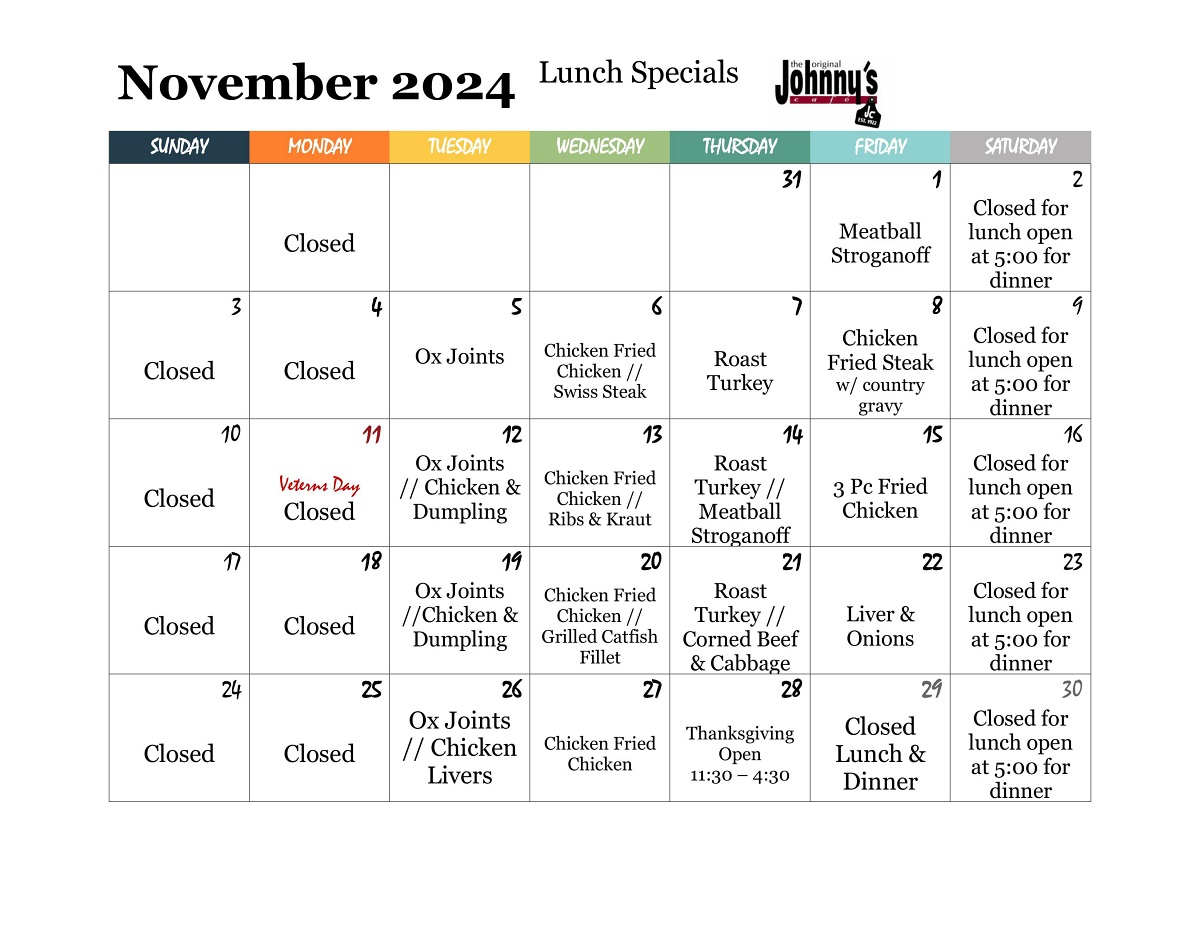 Lunch Specials for November 2024.